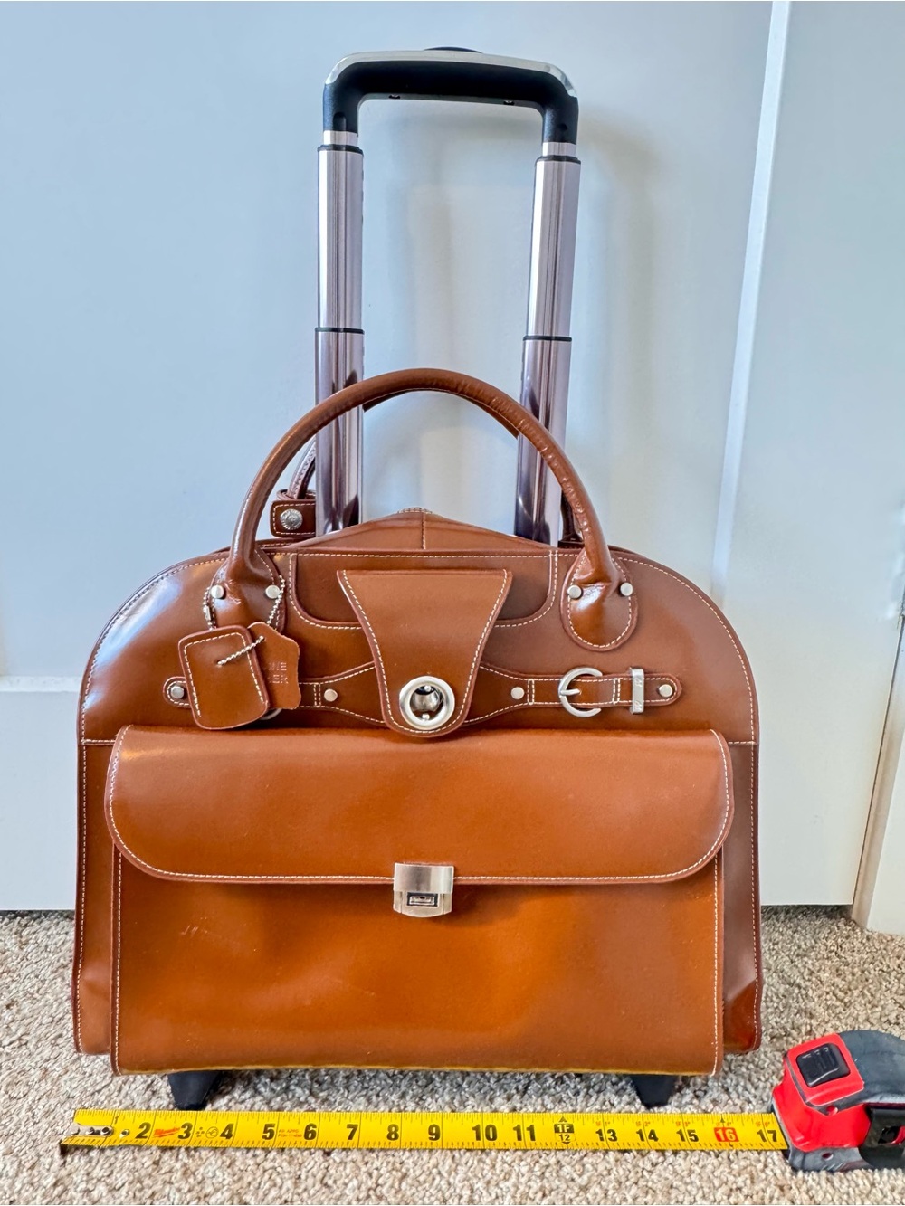 Mcklein Tan Leather Rolling Travel Bag with Front Pocket